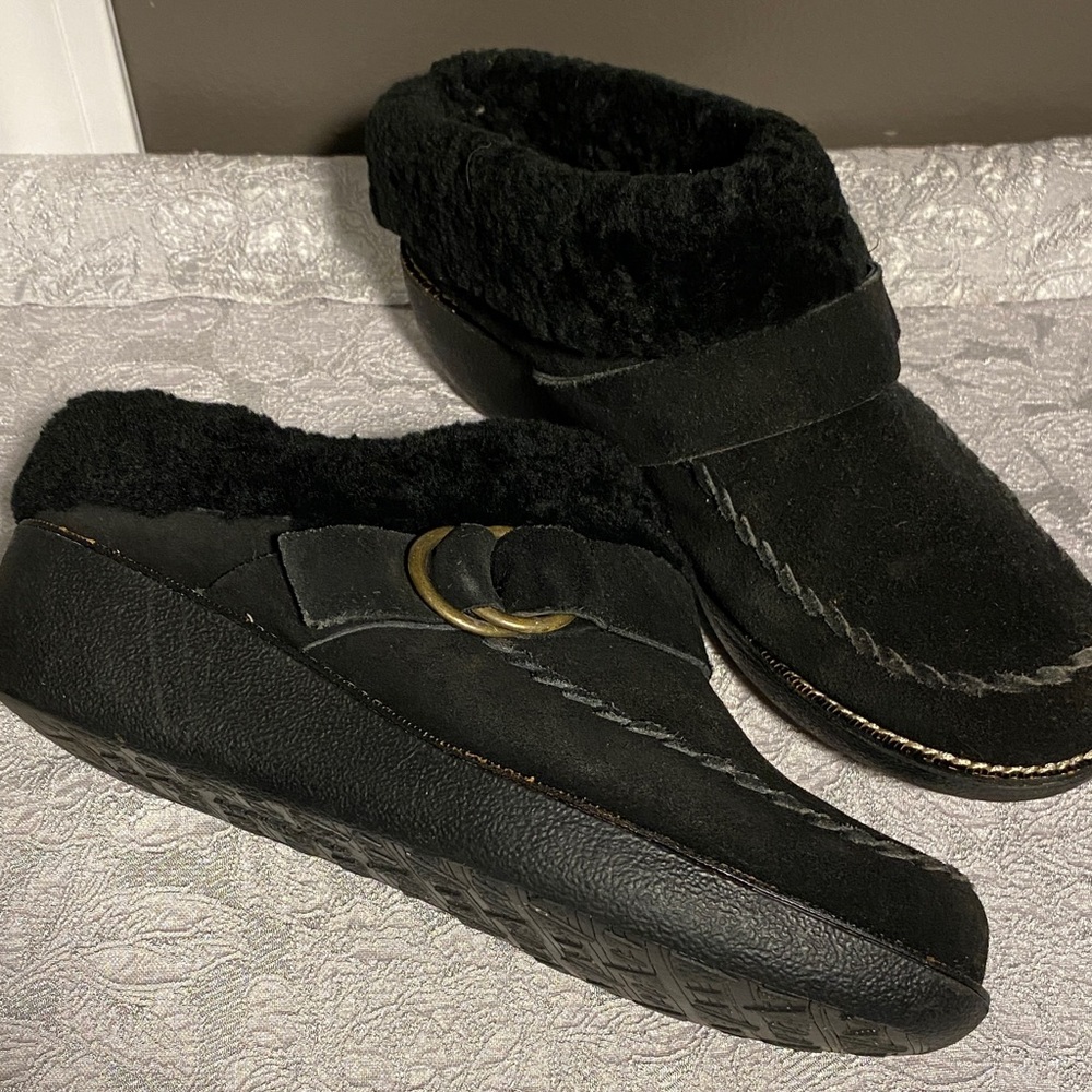 Daniblack Fur Trimmed Suede Moccasin Wedge Slippers with Gold Brass Buckle